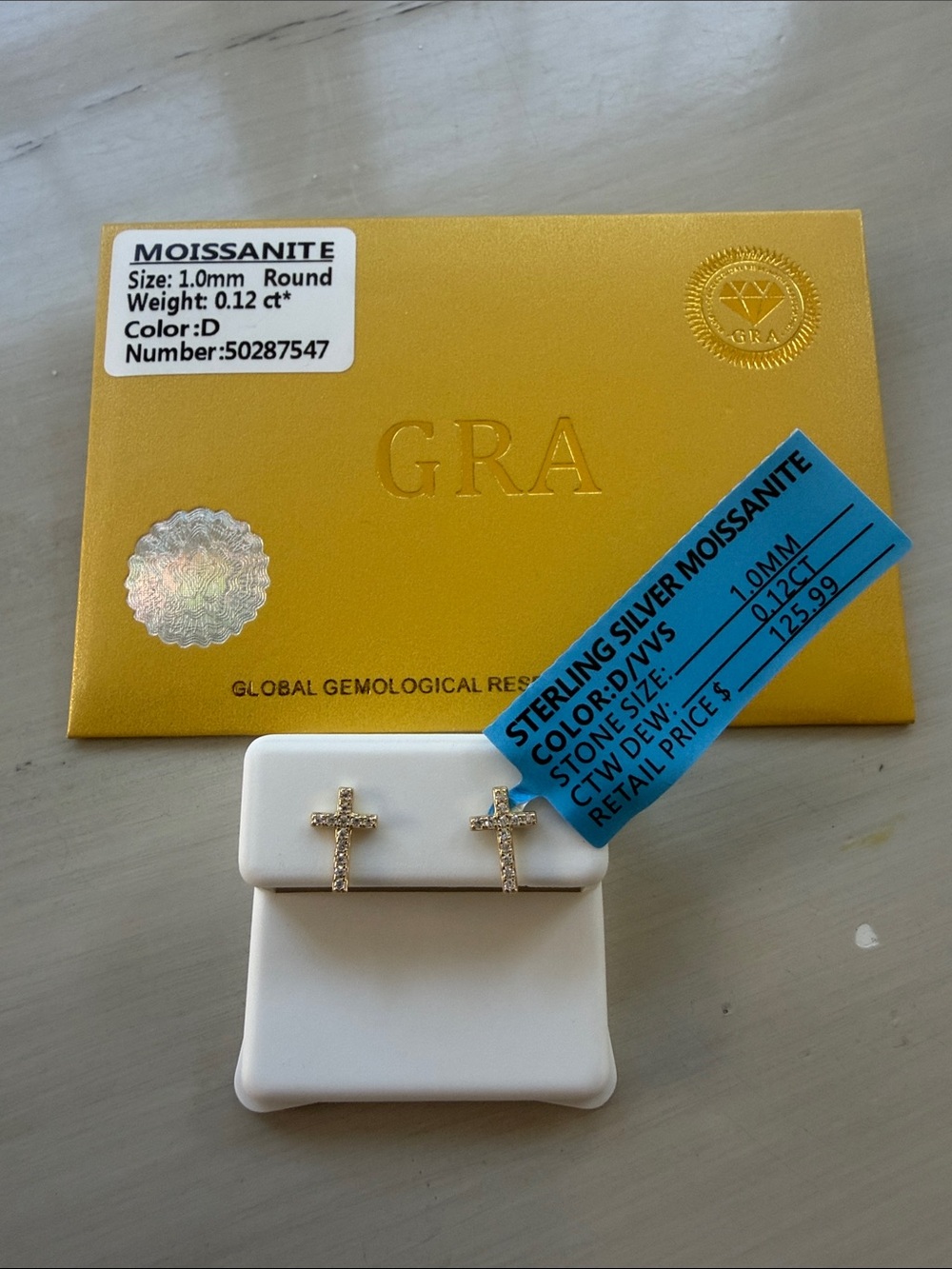 Sterling Silver Cross Moissanite Stud Earrings in Gold
